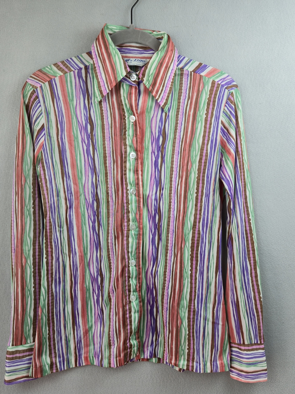 Vintage 70s Mr. Dino Stripe Blouse Dagger Collar Poly Knit Top Sz 9-10 M S